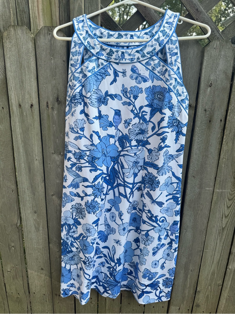 Gretchen Scott White Dress with Blue Botanical & Bird Print